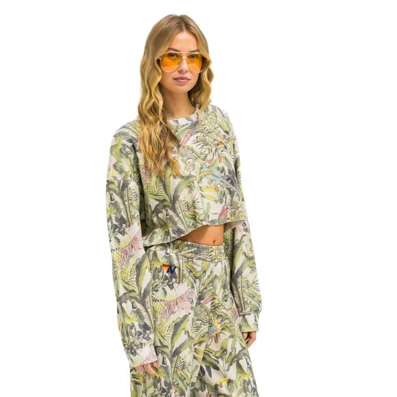 Aviator Nation Jungle Cropped Sweatshirt Pullover Womens XL Green Long Sleeve AN - Picture 2 of 12